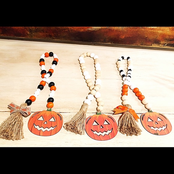 Halloween/Fall Pumpkin Prayer Bead Garland Decor Hand Painted w/Jute Tassel - Picture 3 of 8
